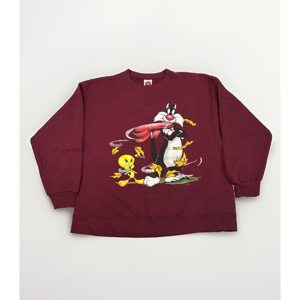VTG LOONEY TUNES Maroon Graphic Tweety Sylvester Fall Leaves Sweatshirt Sz Med